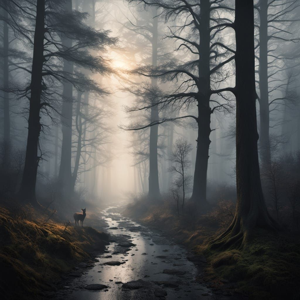 Mysterious Forest Encounter in Dark Fantasy Style