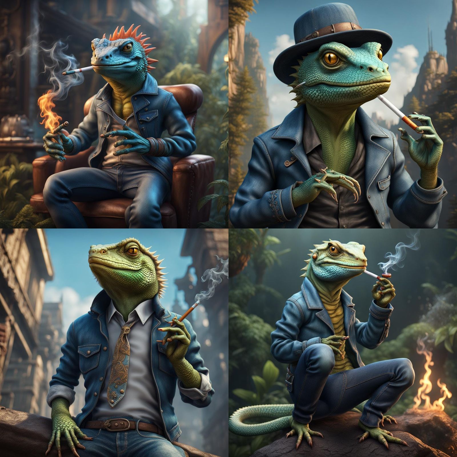 Lizard in Jeans Smoking, Detailed Matte Painting