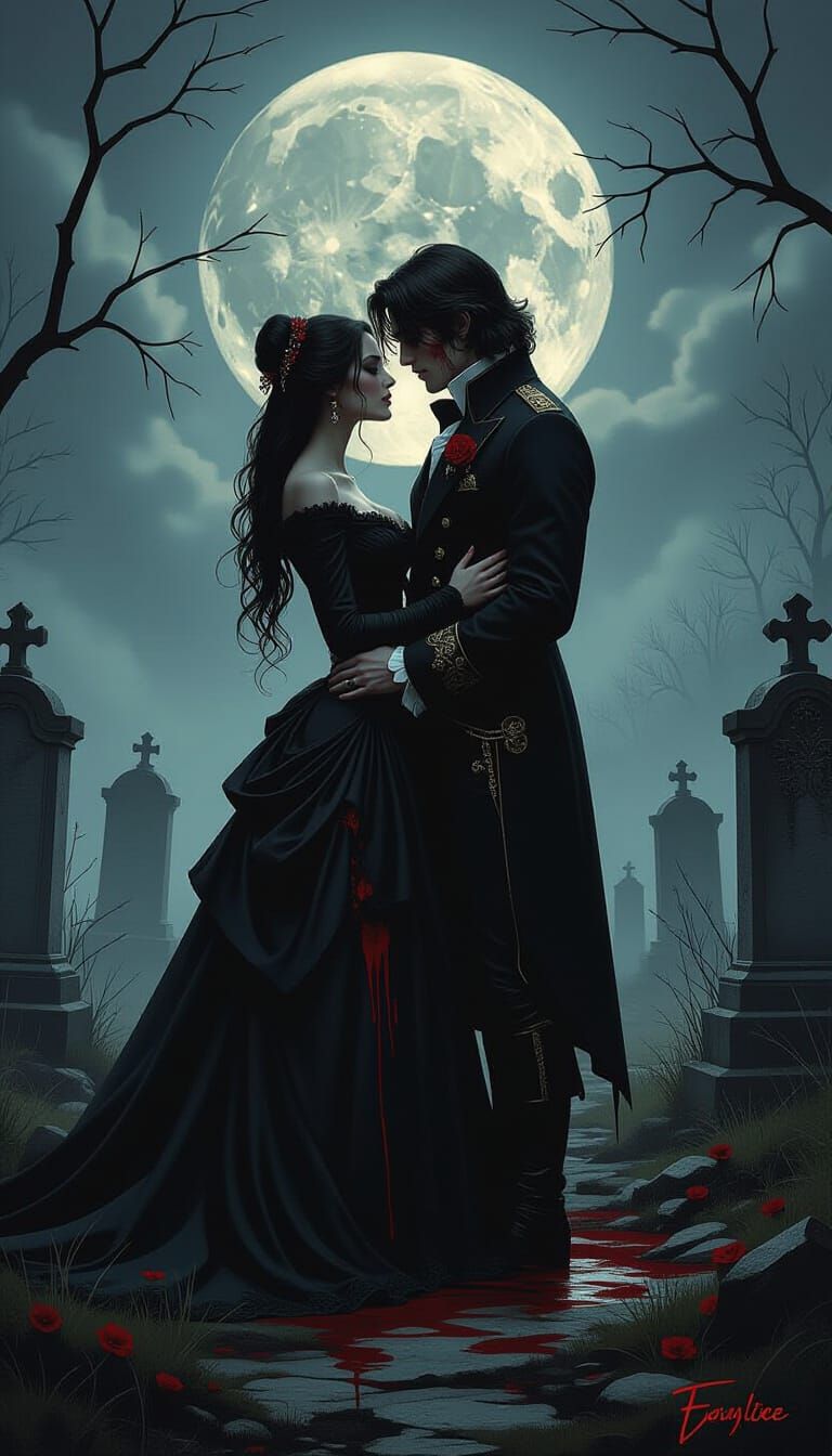 Bloody Gothic Lovers in Moonlit Graveyard