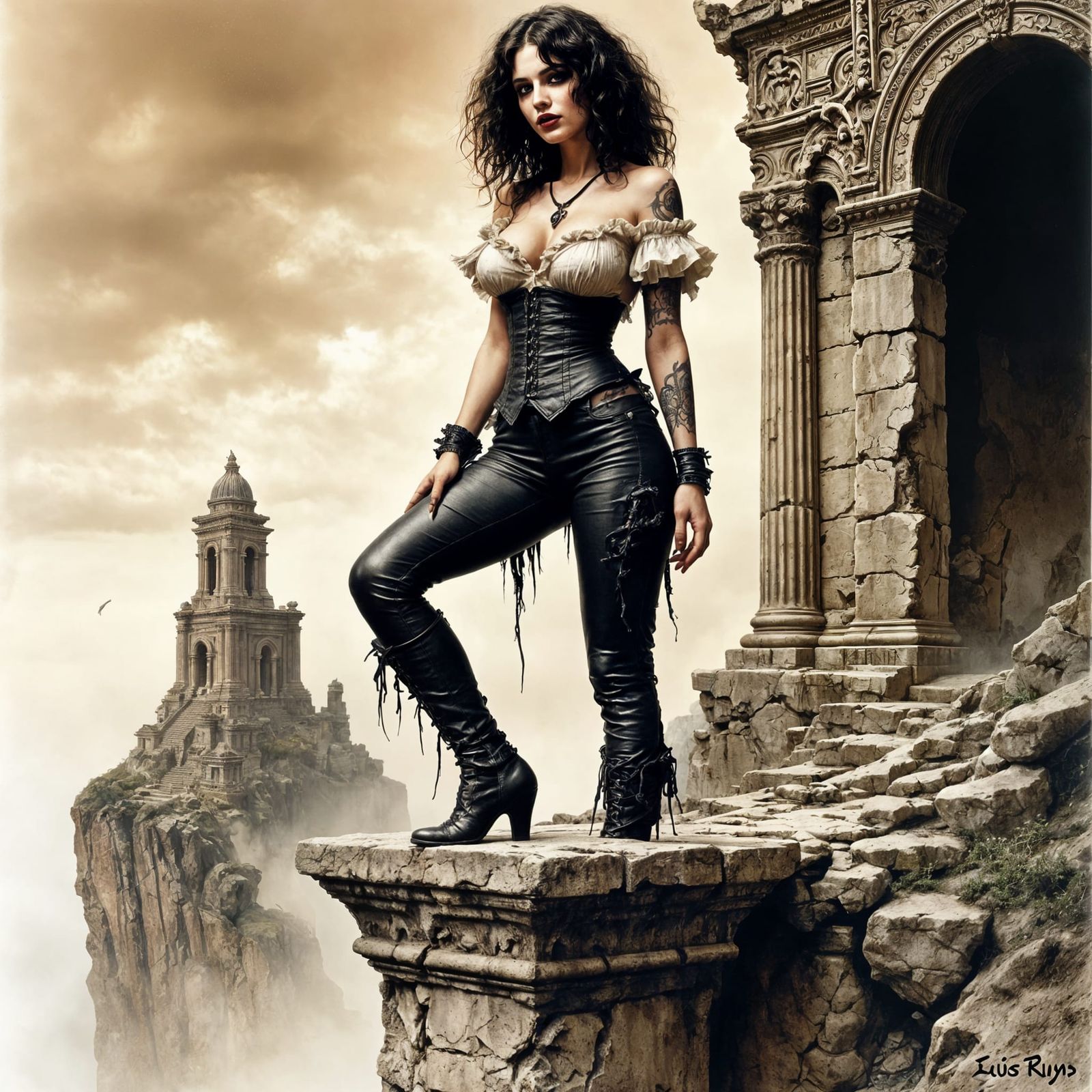 Sepia Illustration of Woman on Cliffside Temple