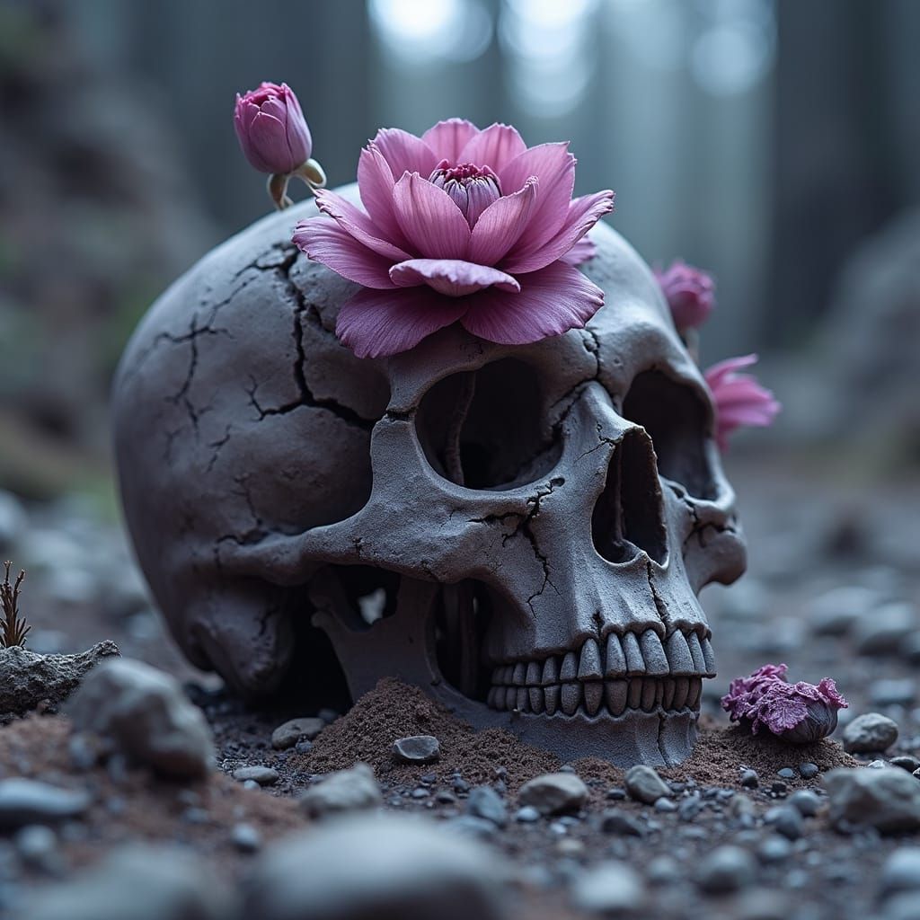 Intricate Flower Blooms from Ancient Skull in Wasteland