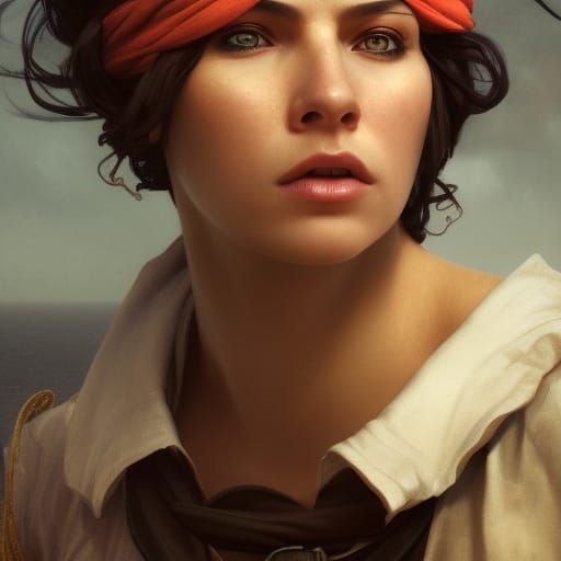 Photorealistic Female Pirate in 19th Century Harbor