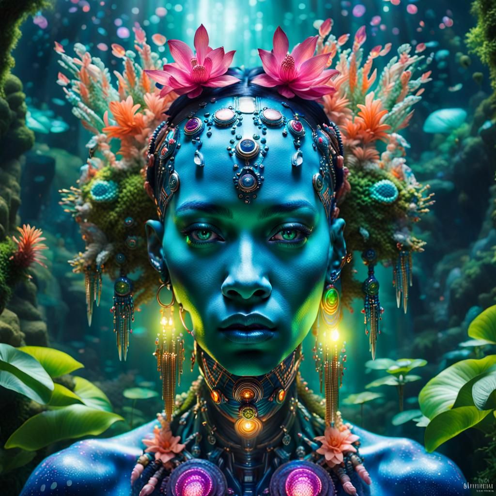 Biopunk Cyborg Mermaid Goddesses in Iridescent Jungle