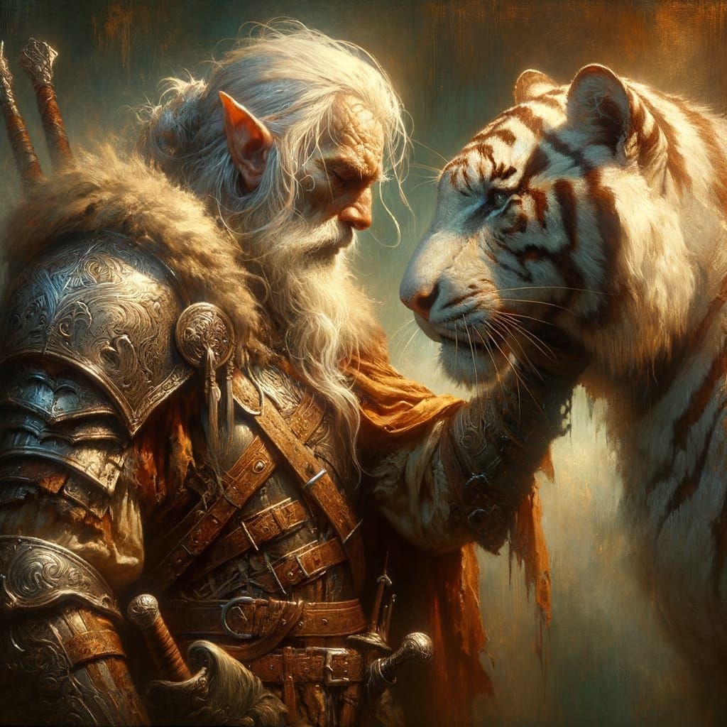Renaissance Elf Warrior and Albino Tiger Bond