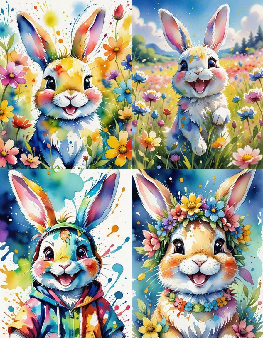 Laughing Anime Bunny Rabbit in Watercolor Splash Art