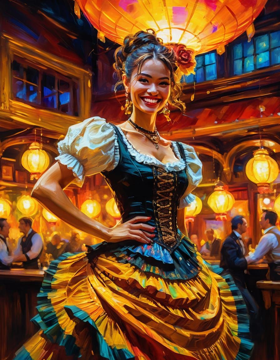 Smiling Saloon Girl Dancing: Abstract Expressionist Portrait