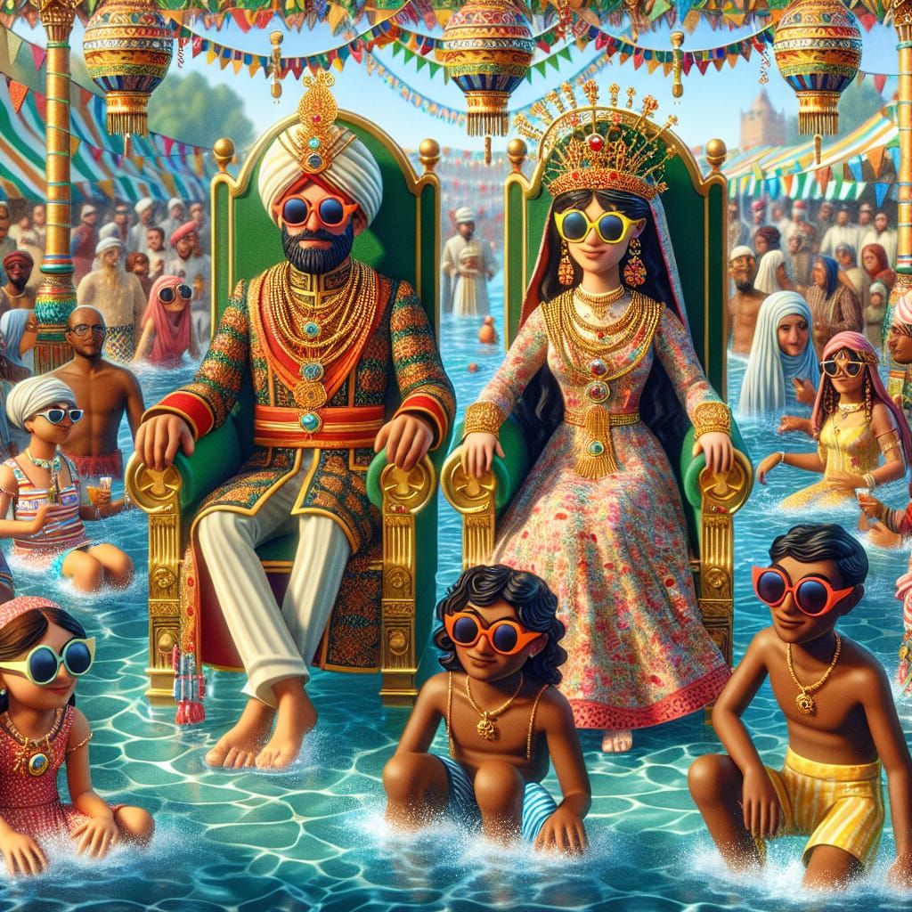 A Disney Pixar style 3D image of a gorgeous King and his beautiful Queen, both looking very royal and elegant, sitting o...