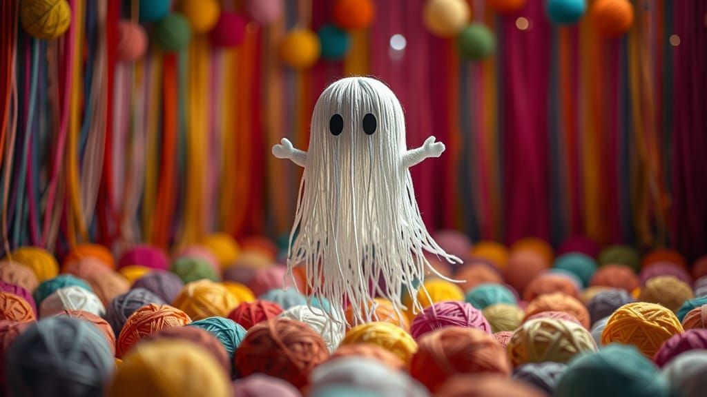 Cute Yarn Ghost Floating in Colorful Room