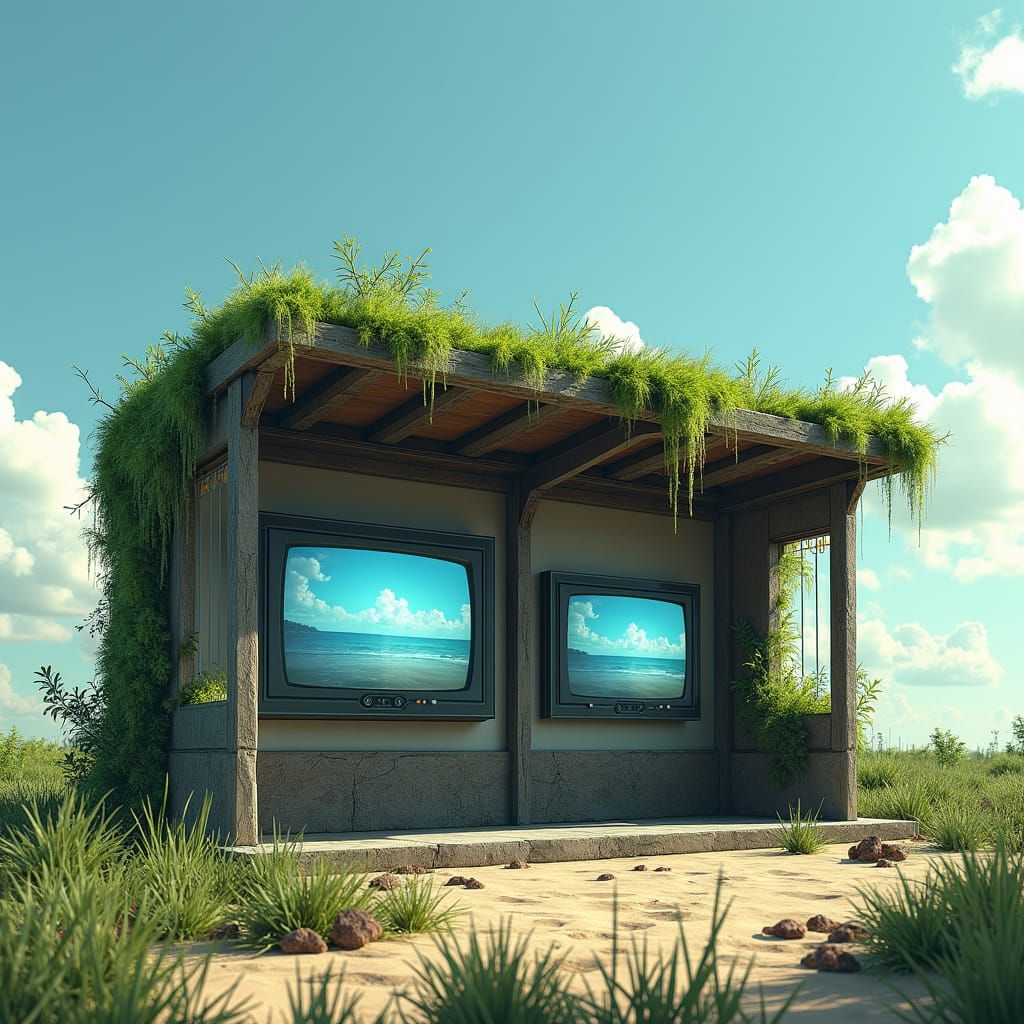 Futuristic Bus Stop with Grass Roof, Digital Art