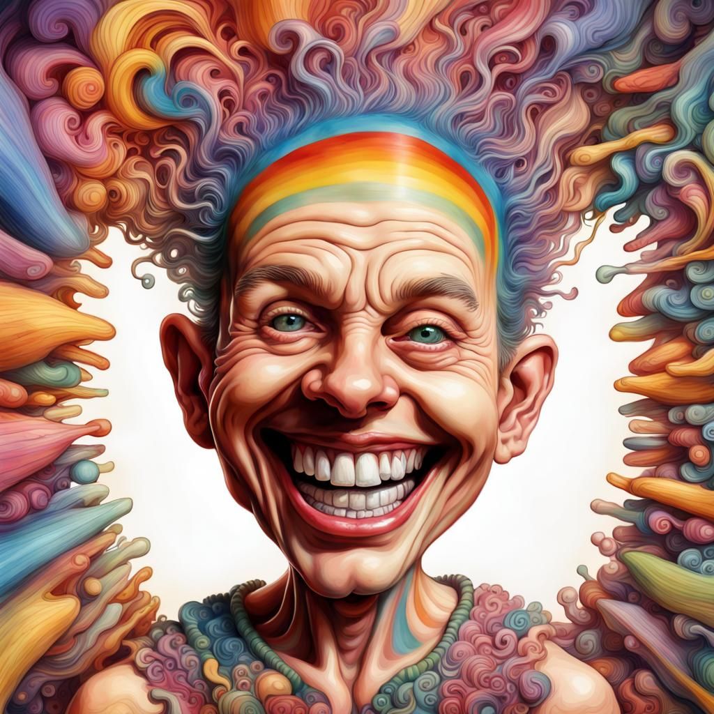 Psychedelic Grinning Bobblehead in Hyperreal Digital Art