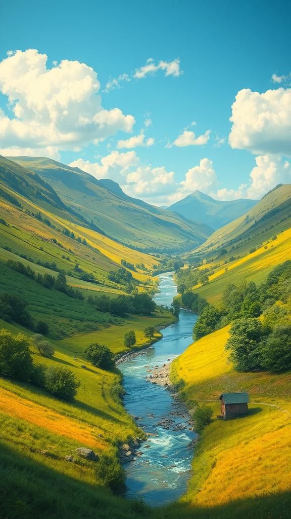 Lush Valley River in Impressionist Style