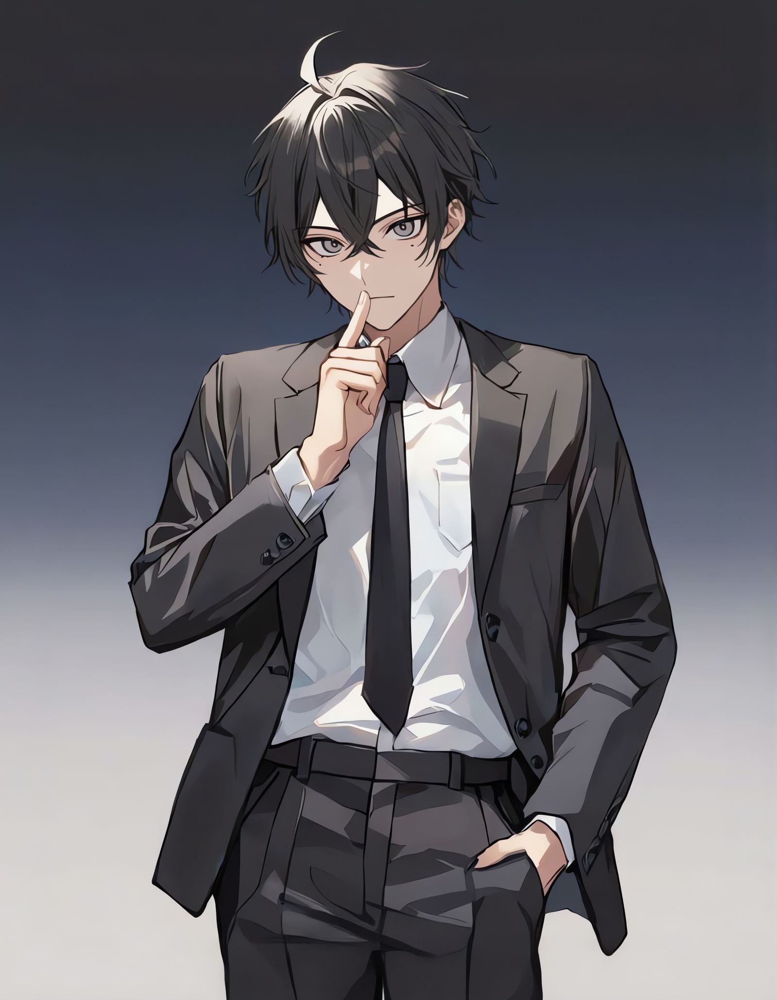 Surprised Bishounen Shushes in Minimalist Cowboy Shot