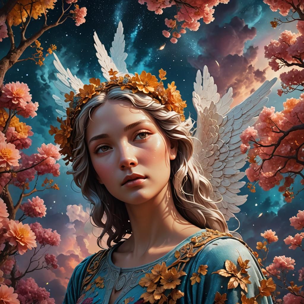 Angelic Woman in Magical Night Sky