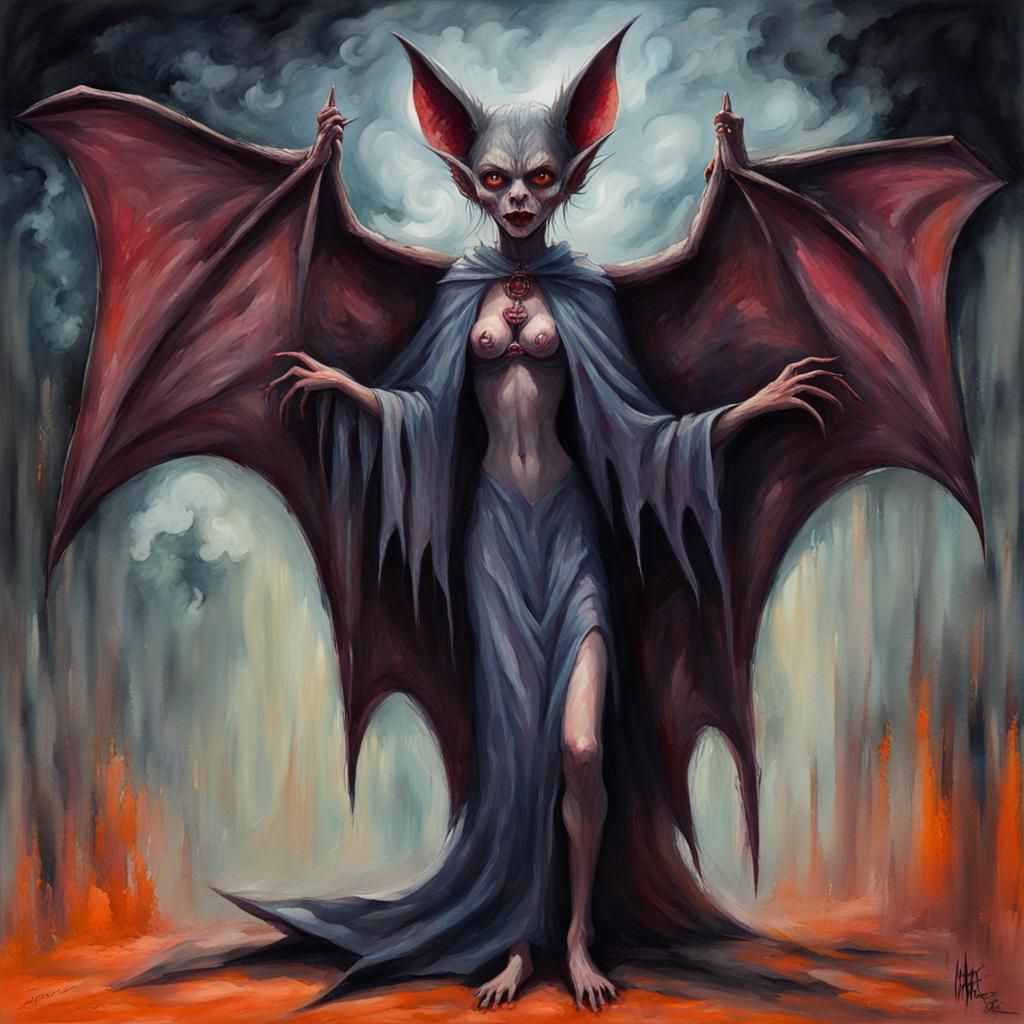 Vampire Bat Spirit in Gouache and Watercolor Style