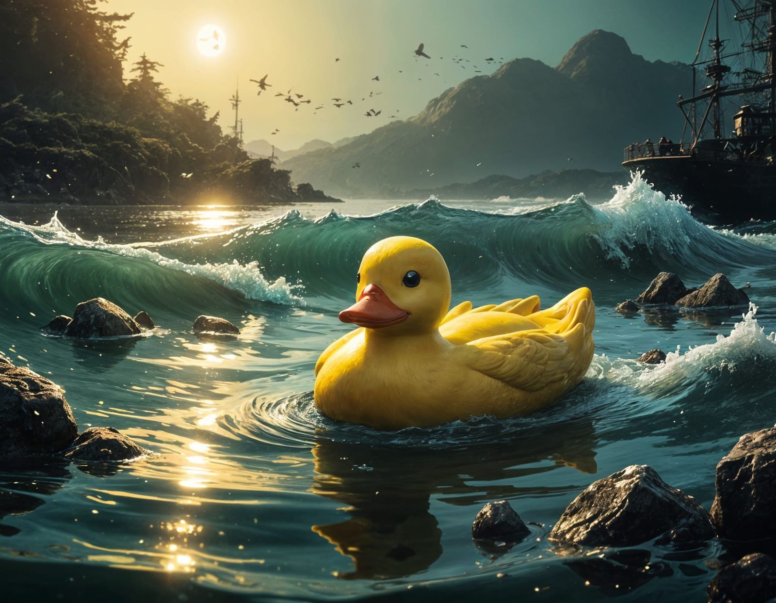 Surrealistic Rubber Duck Submerged in Oceanic Depths