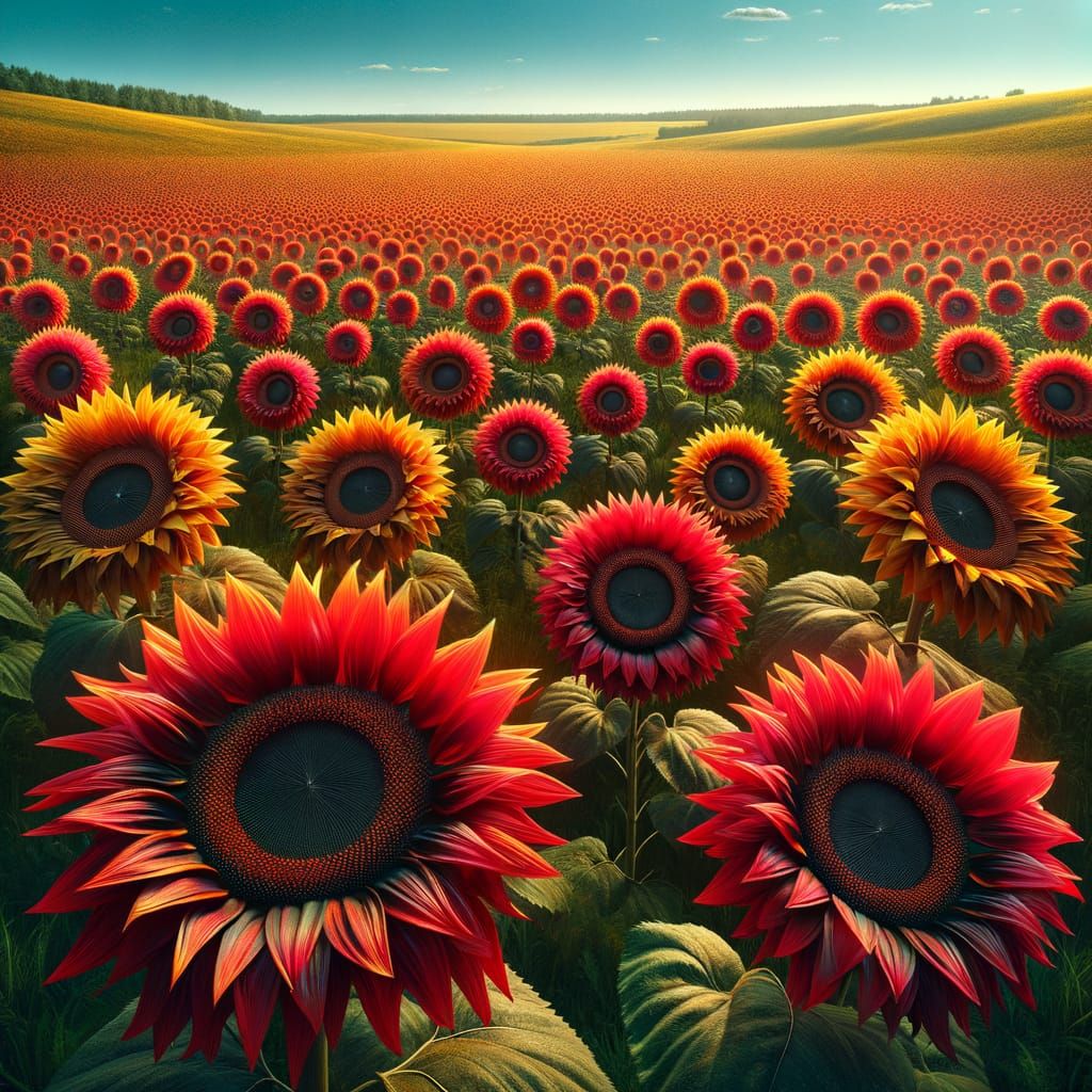 Red Sunflowers in a Verdant Field Under Blue Sky