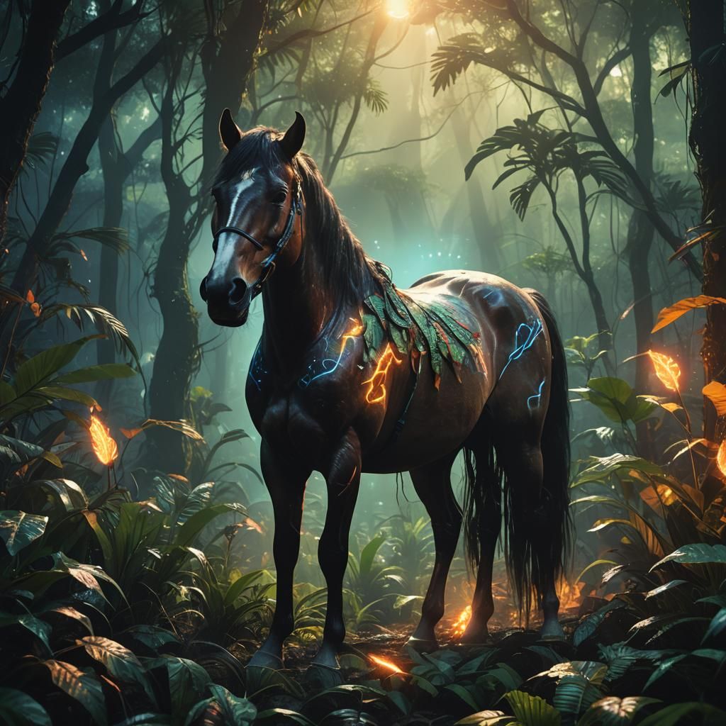 Horse in Jungle with Glowing Aura: Digital Art