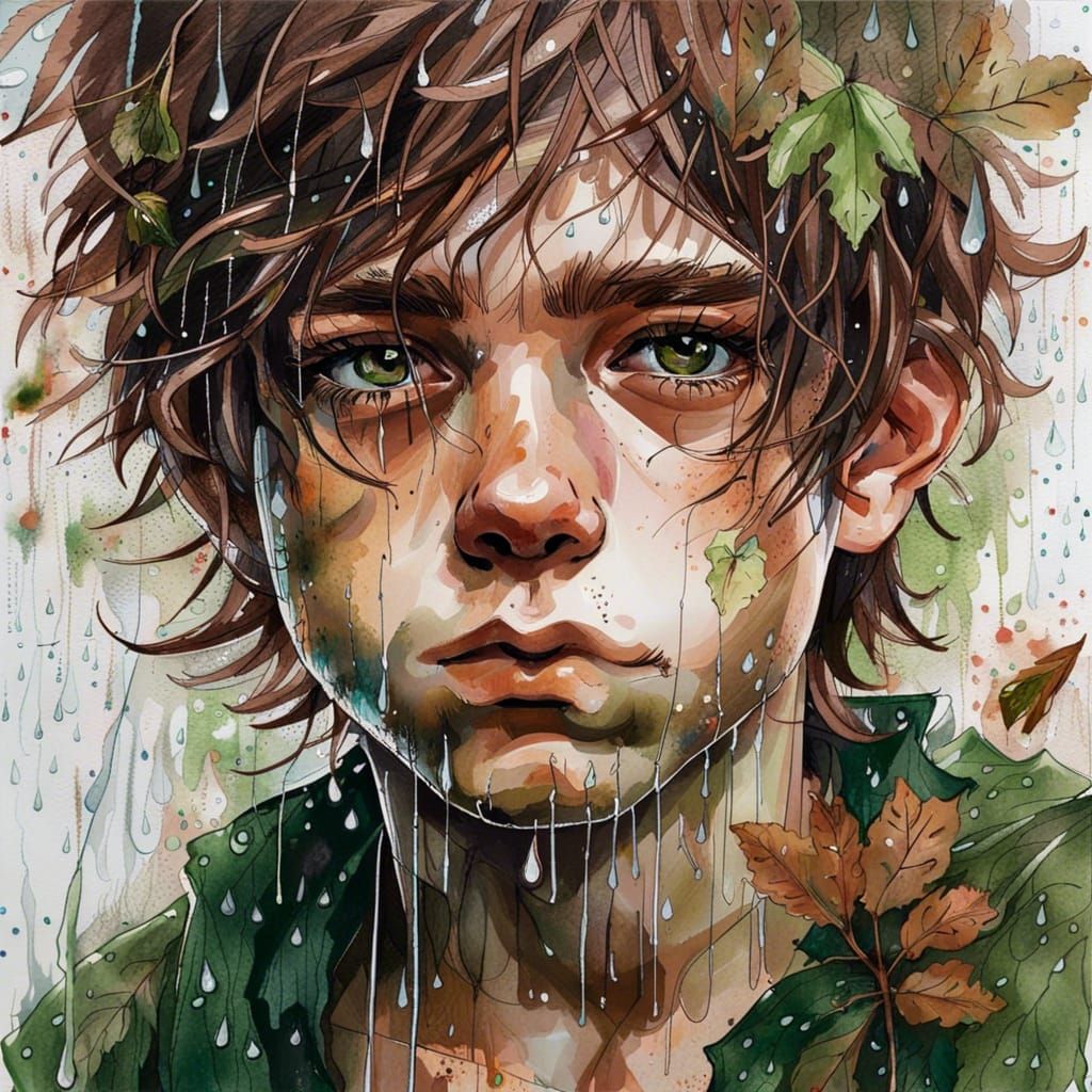 Boy in Rain: Detailed Watercolor Illustration