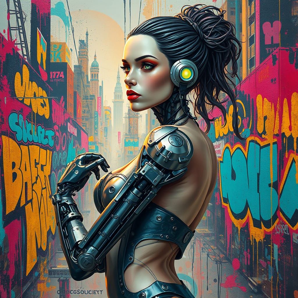 Cyborg Sally in Vibrant Cyberpunk Cityscape