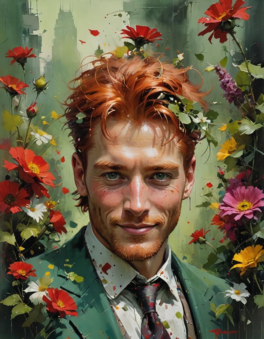Handsome Redhead Amidst Floral Fantasy: Detailed Matte Paint...