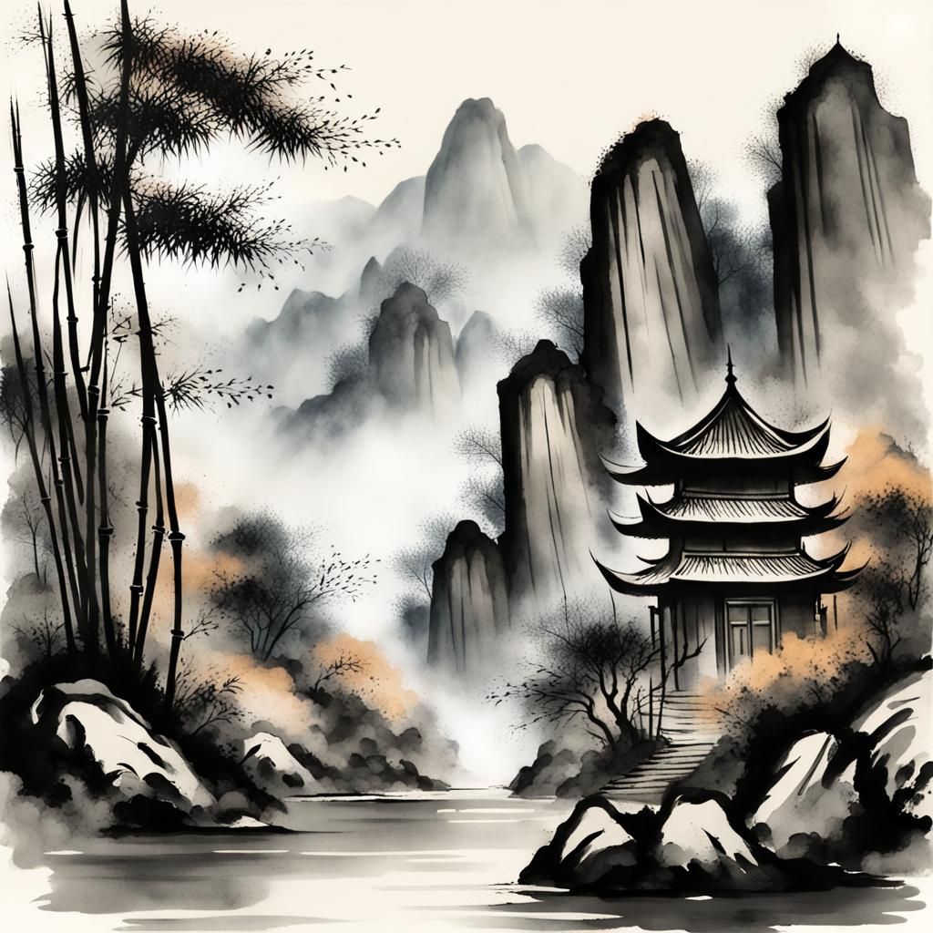 Bamboo Forest Shrine in Chinese Ink Style