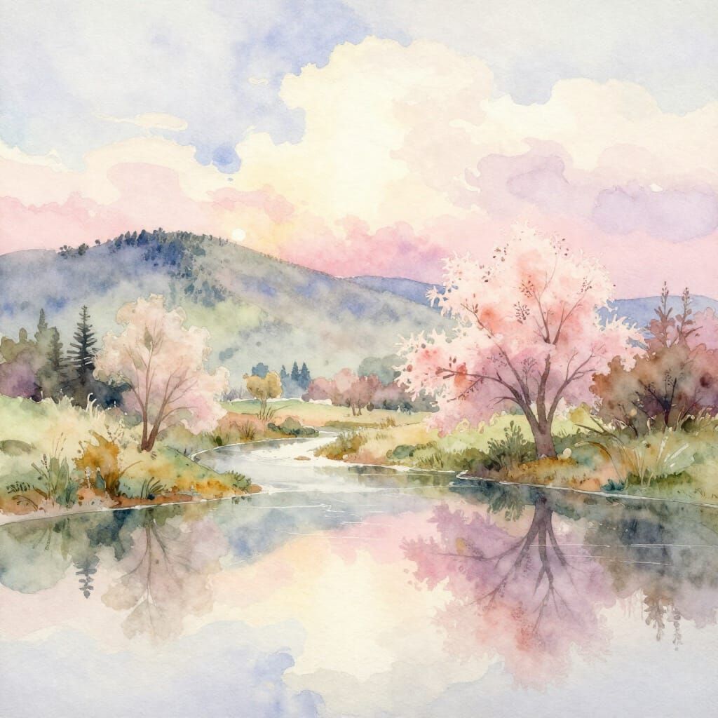 Serene Watercolor Landscape with Pastel Skies