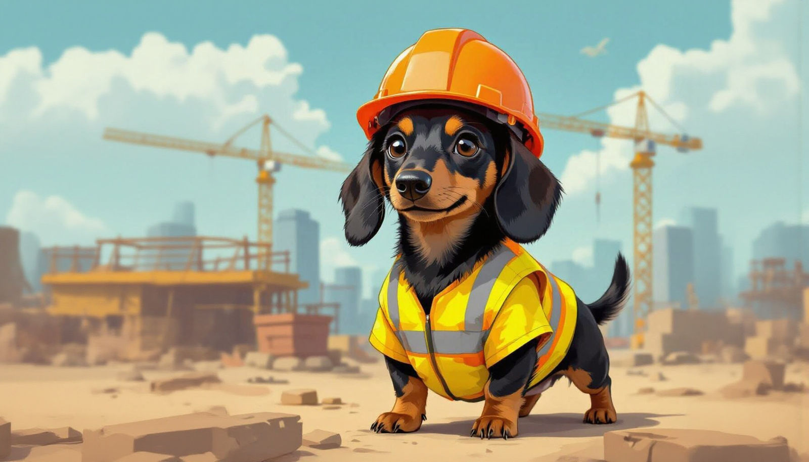 Dachshund Overseeing Construction Site in Safety Gear