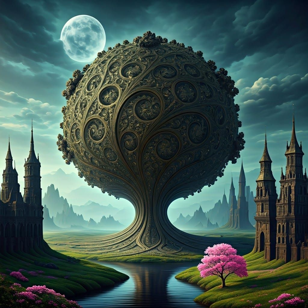 Fractal Tree in Dreamlike Landscape, Matte Painting