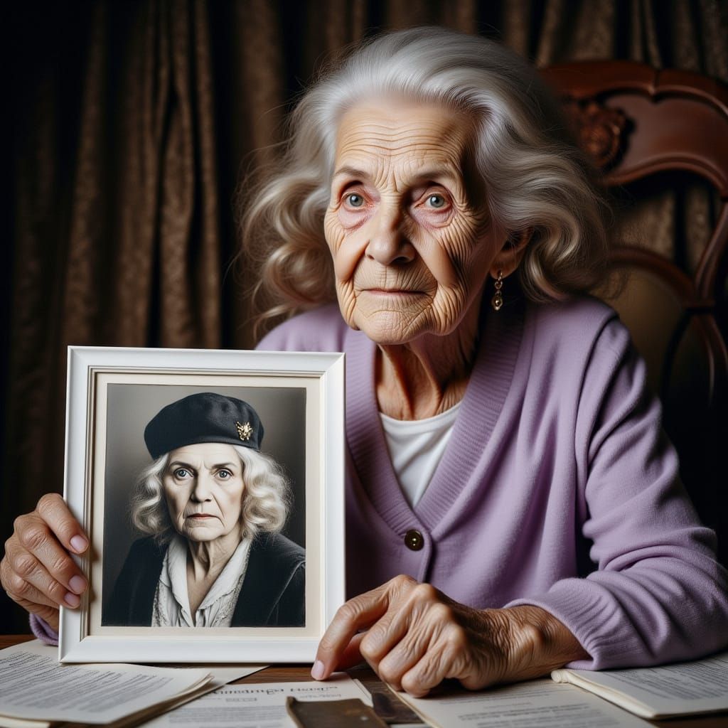 Elderly Woman Reminiscing in Watercolor Acrylic Style