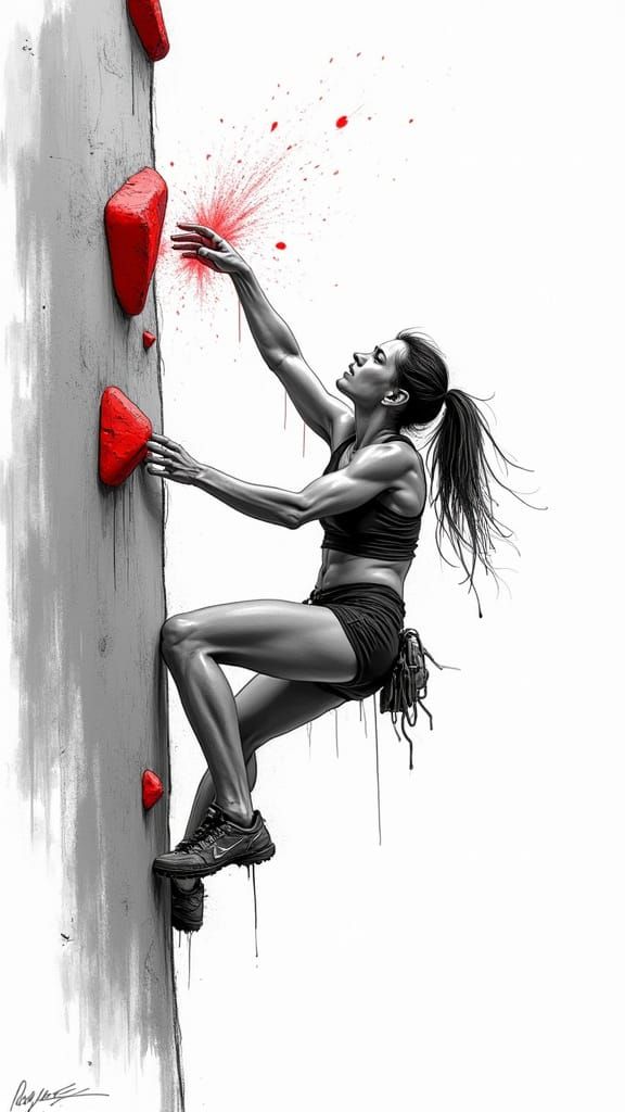 Determined Rock Climber in Dynamic Sketch-Style