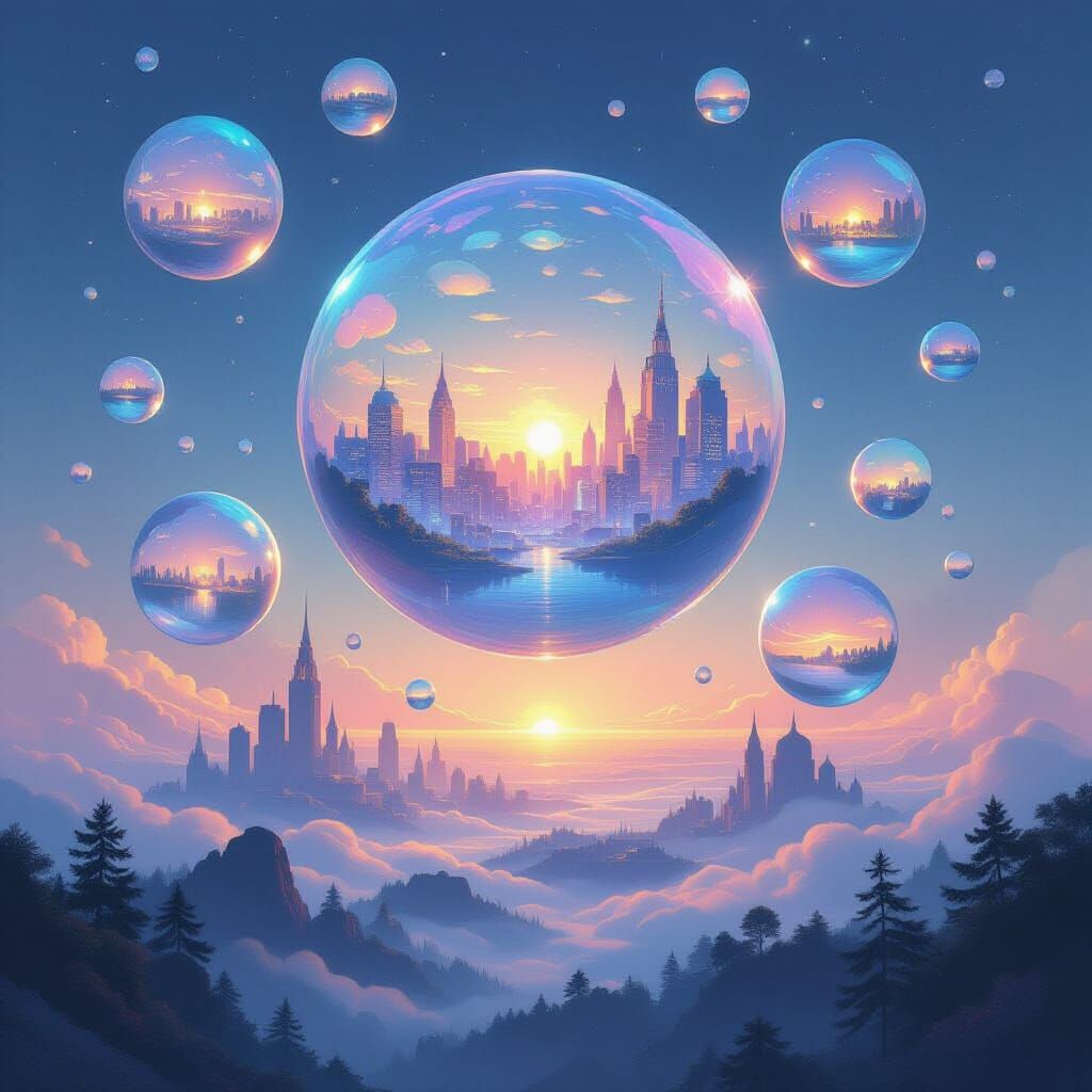Surreal Bubble Cityscape with Ethereal Lighting