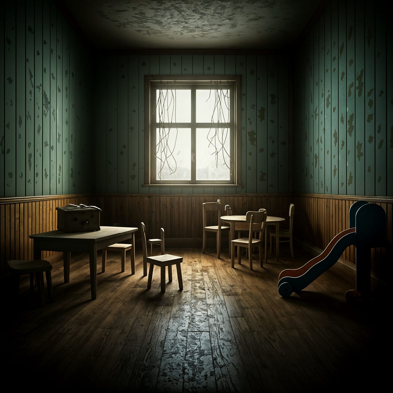 Eerie Abandoned Playroom Scene in Uncanny Surrealism