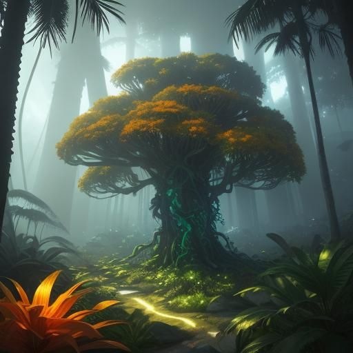 Mystical Jungle: Palm Trees Evolving into Sentient Beings