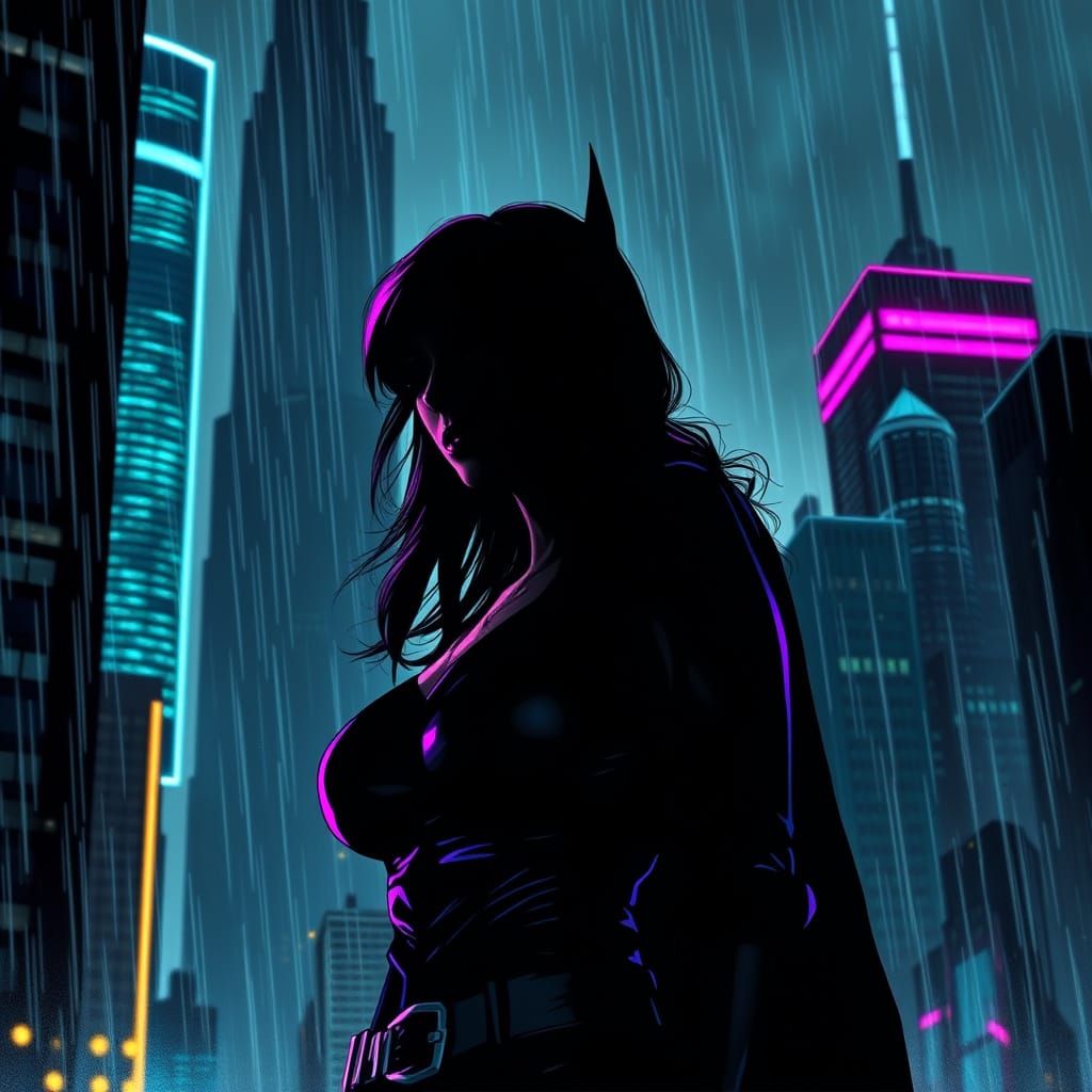 Comic Art: Batman Fan Silhouetted in Futuristic Gotham