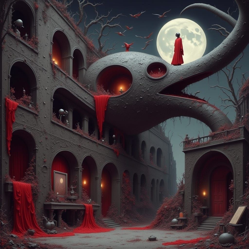 Surreal Dark Gothic Scene with Bird-like Structure and Myste...