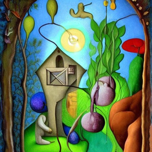 Surreal Spring Scene: Man in Secluded House with Frogs