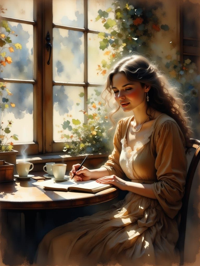 Parisian Café Scene: Woman Journaling in Warm Sunlight