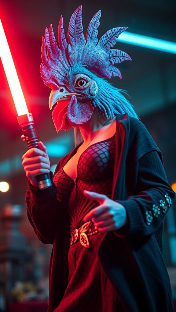 Muscular Blue Female Bodybuilder with Lightsaber in Polaroid...