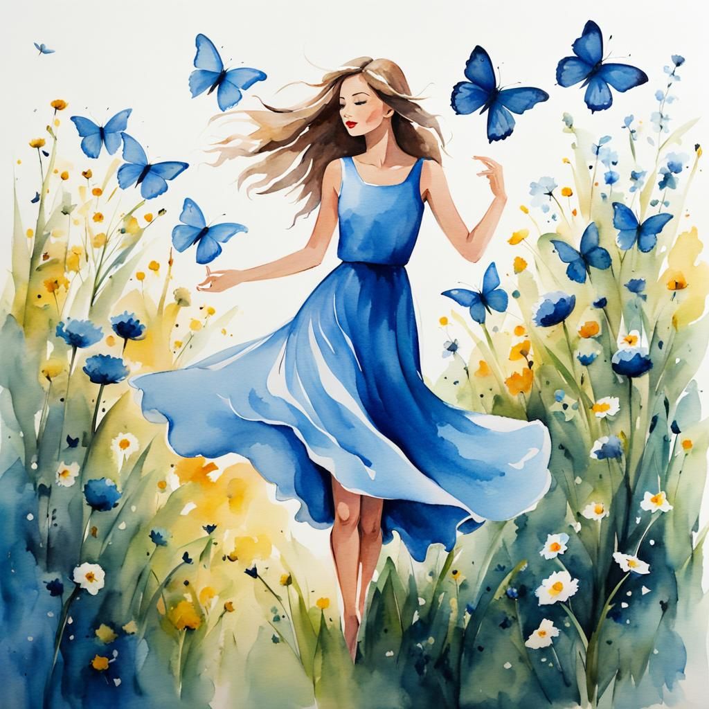 Girl Dancing in Blue Flower Meadow, Watercolor Style