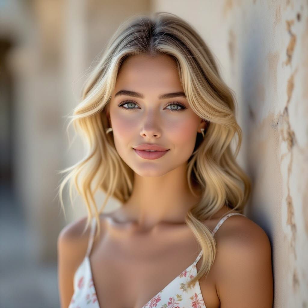 Elegant Blonde Woman in Silk Dress, Vogue Style