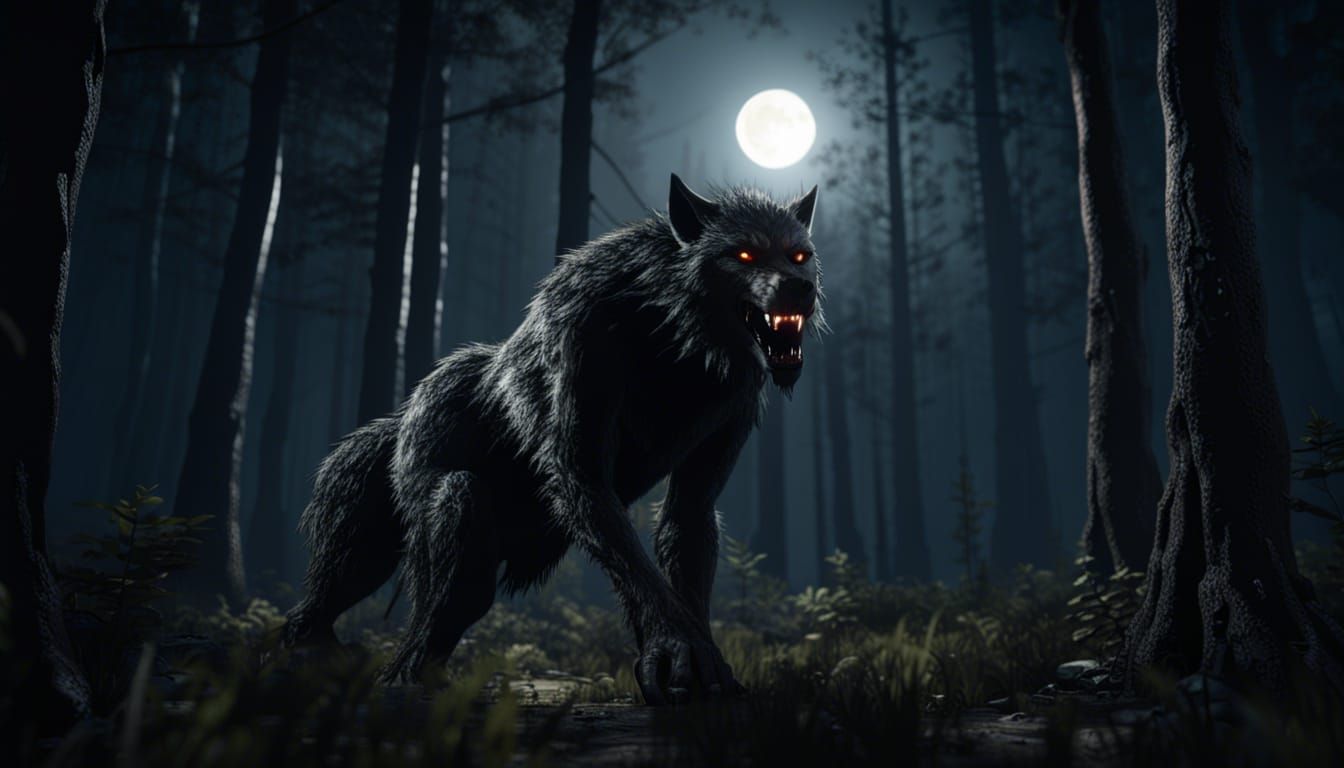 Epic Werewolf in Forest Under Moonlight, Hyperrealistic