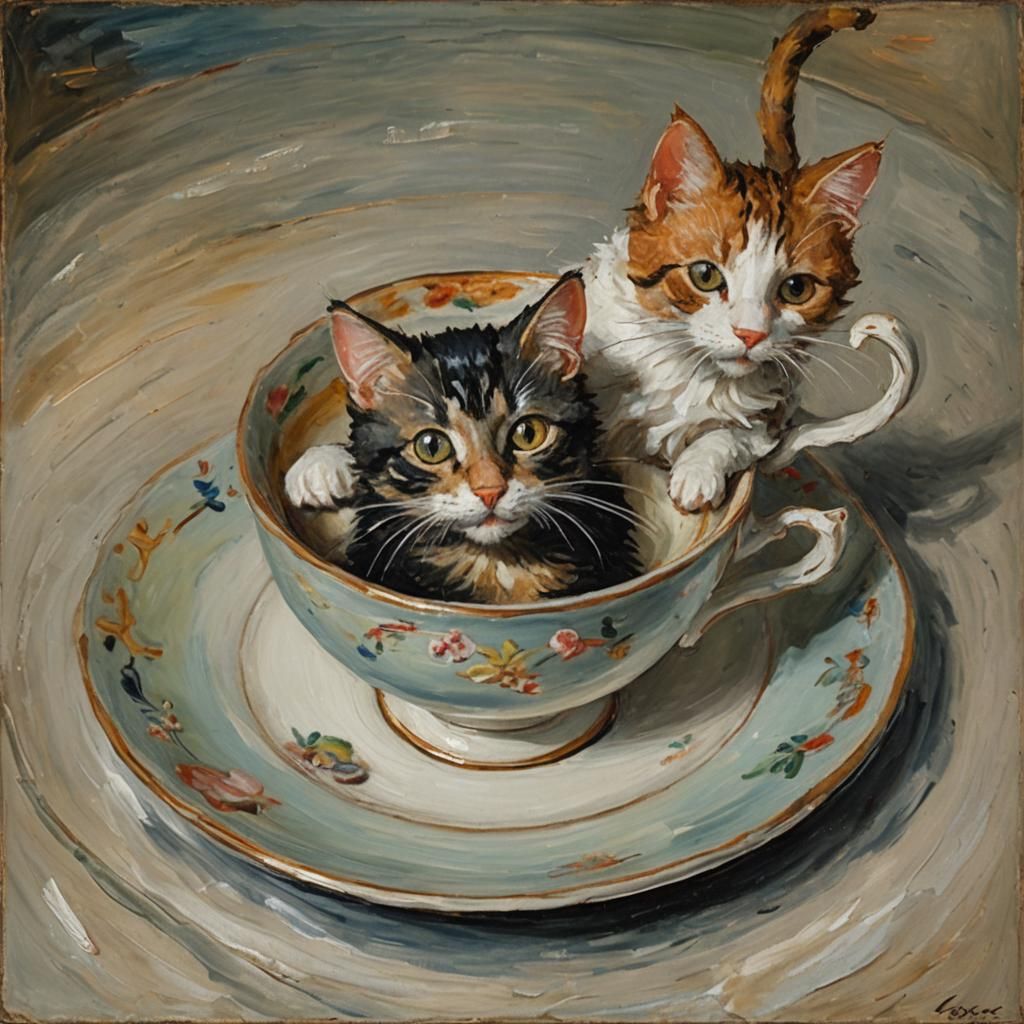 Cat and Mouse in Teacup: Impressionist Oil Painting