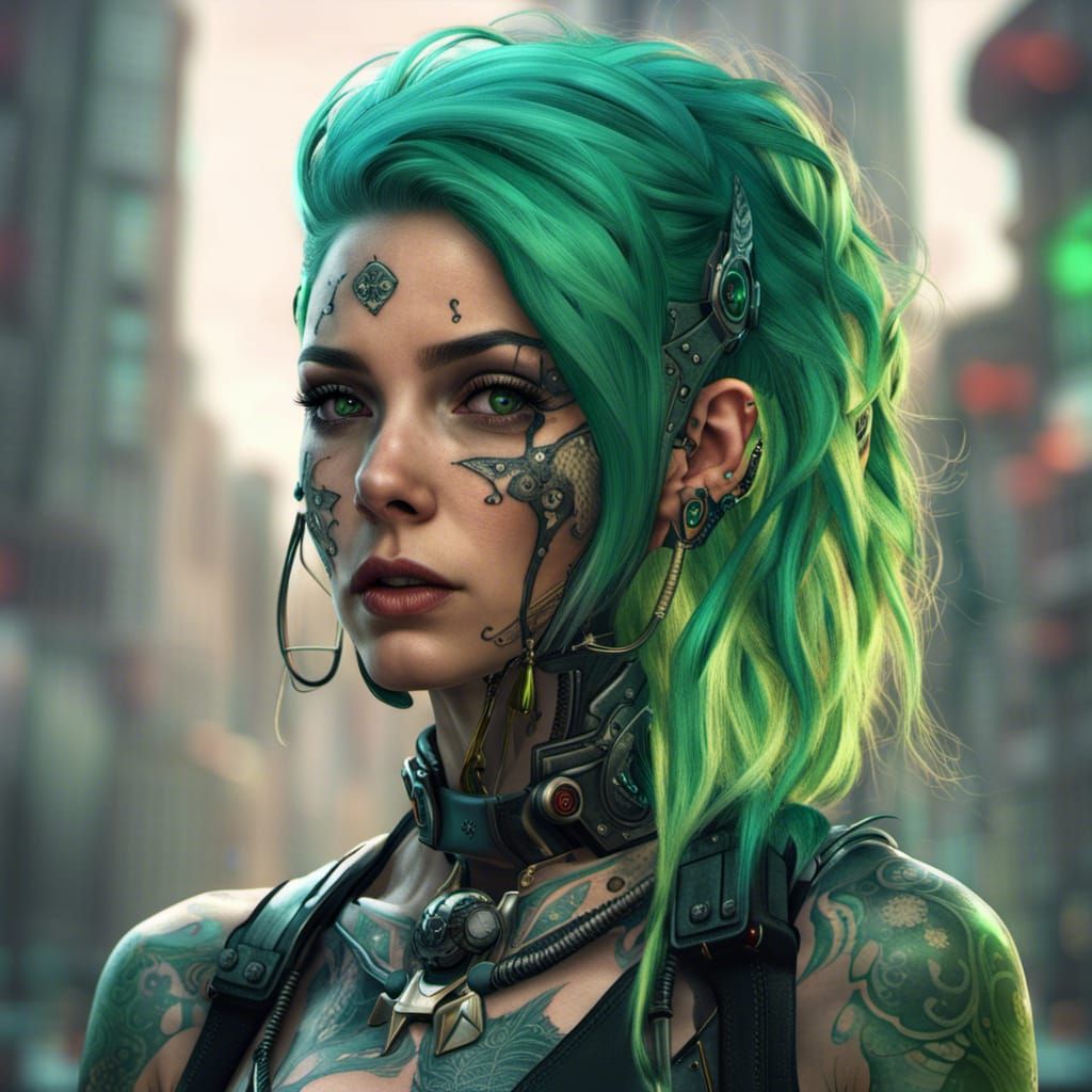 Green Hair Cyberpunk Warrior Goth Tattoo: Detailed Matte Pai...