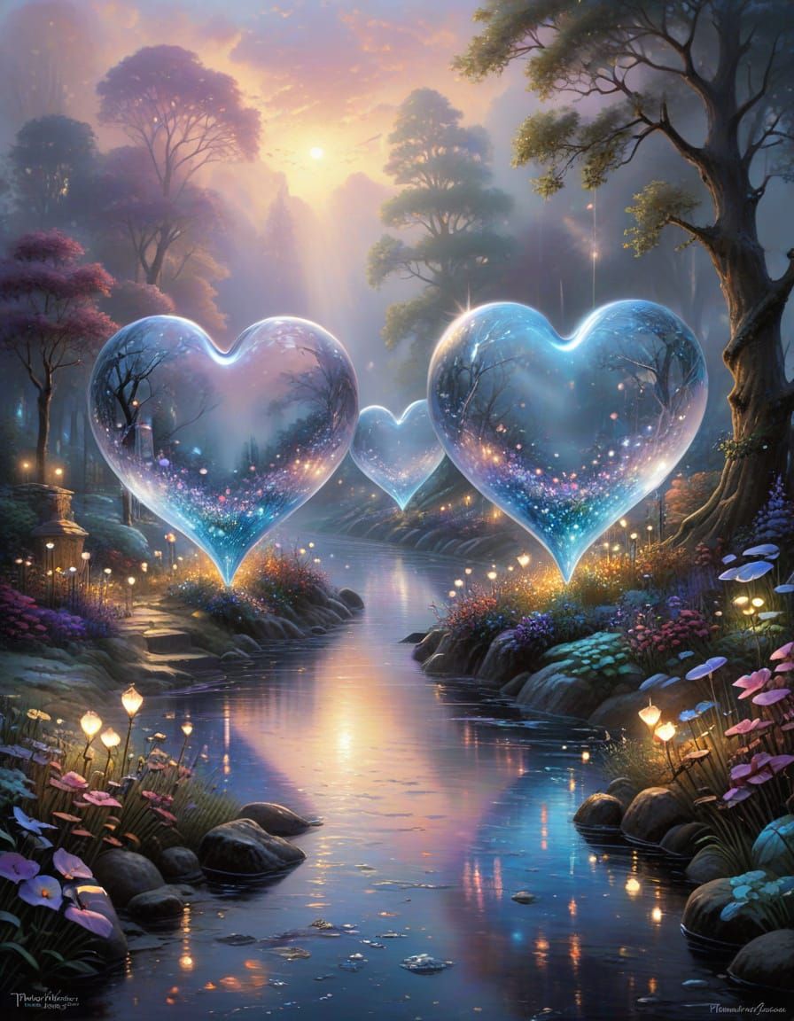 Ethereal Glass Hearts in Mystical Light