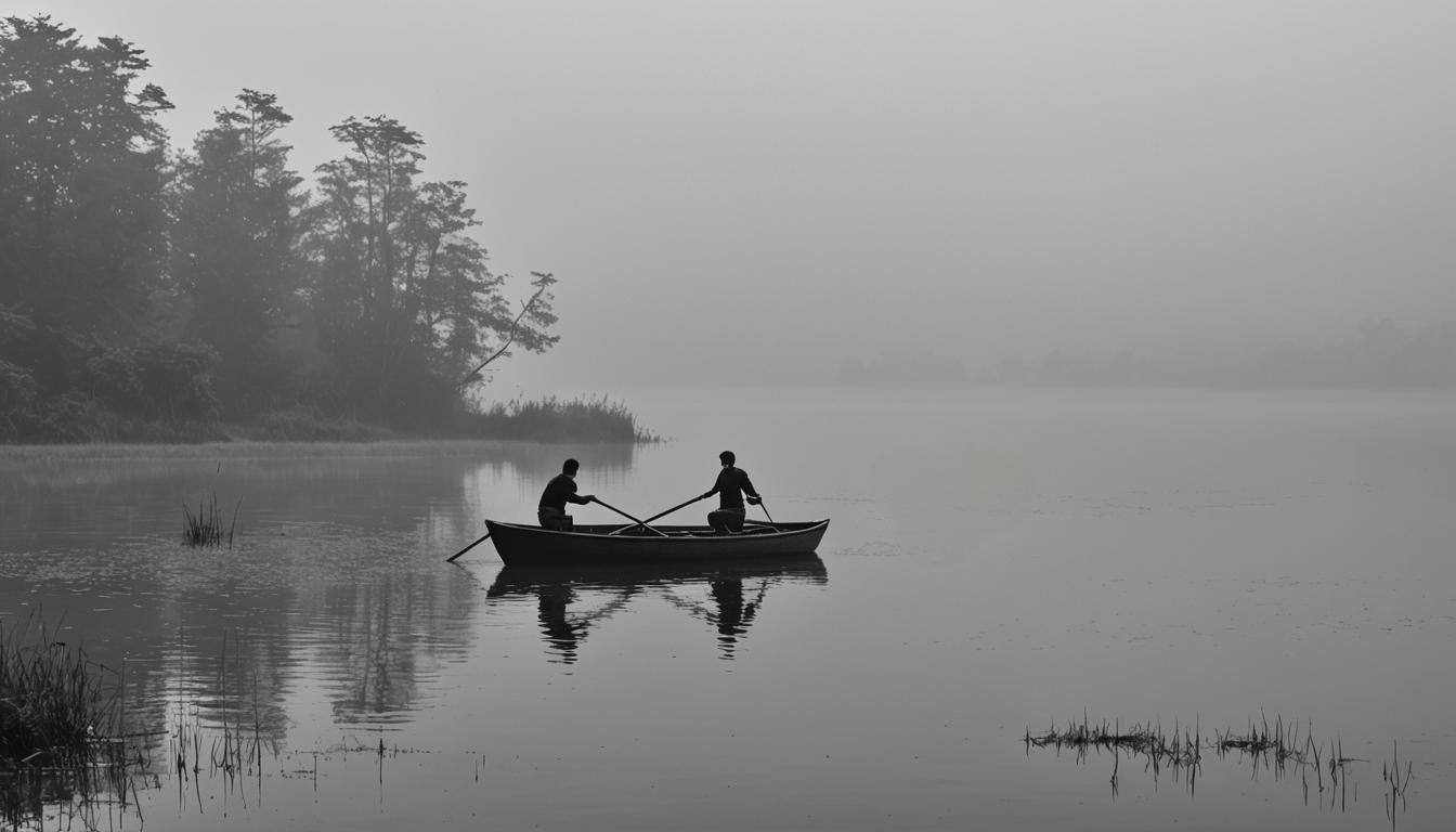Lonely Boat in Grayscale on Foggy Morning