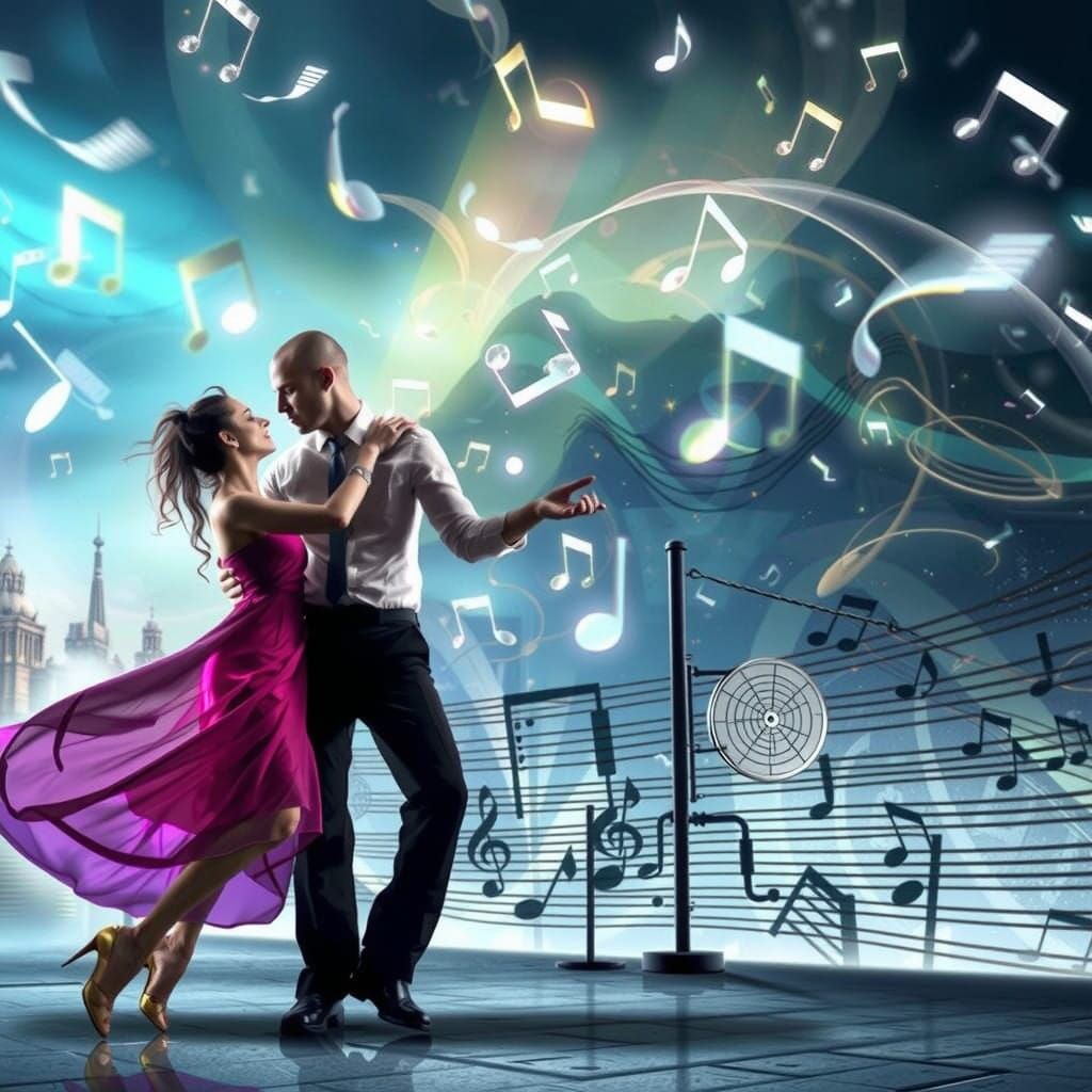 Couple Dancing in Harmony Amidst Swirling Musical Notes