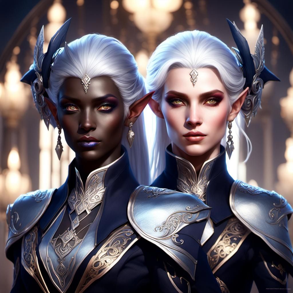 Two beautiful female dark elves with white hairs dressed wit...