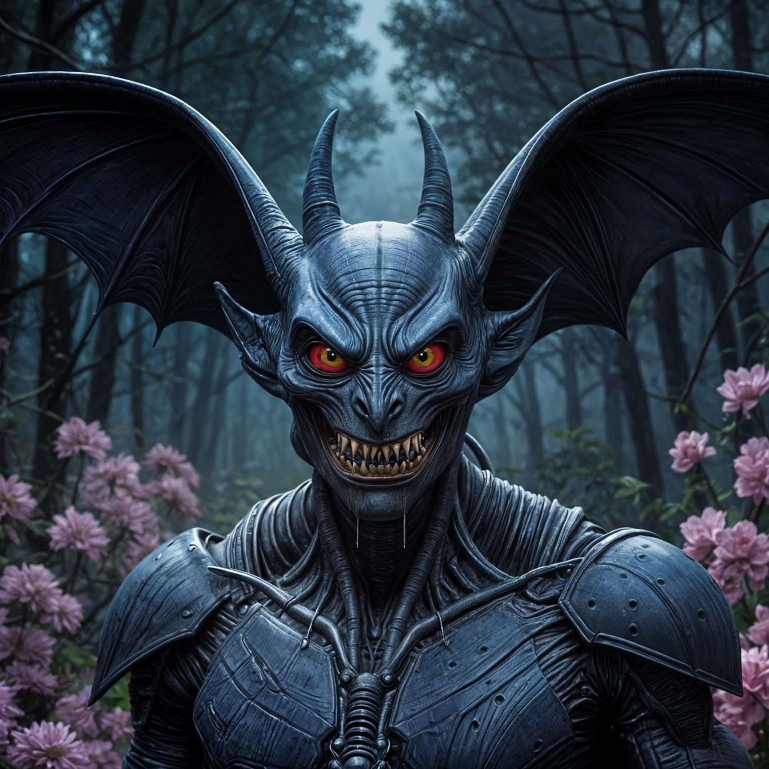 Dark Alien in Vibrant Floral Wonderland