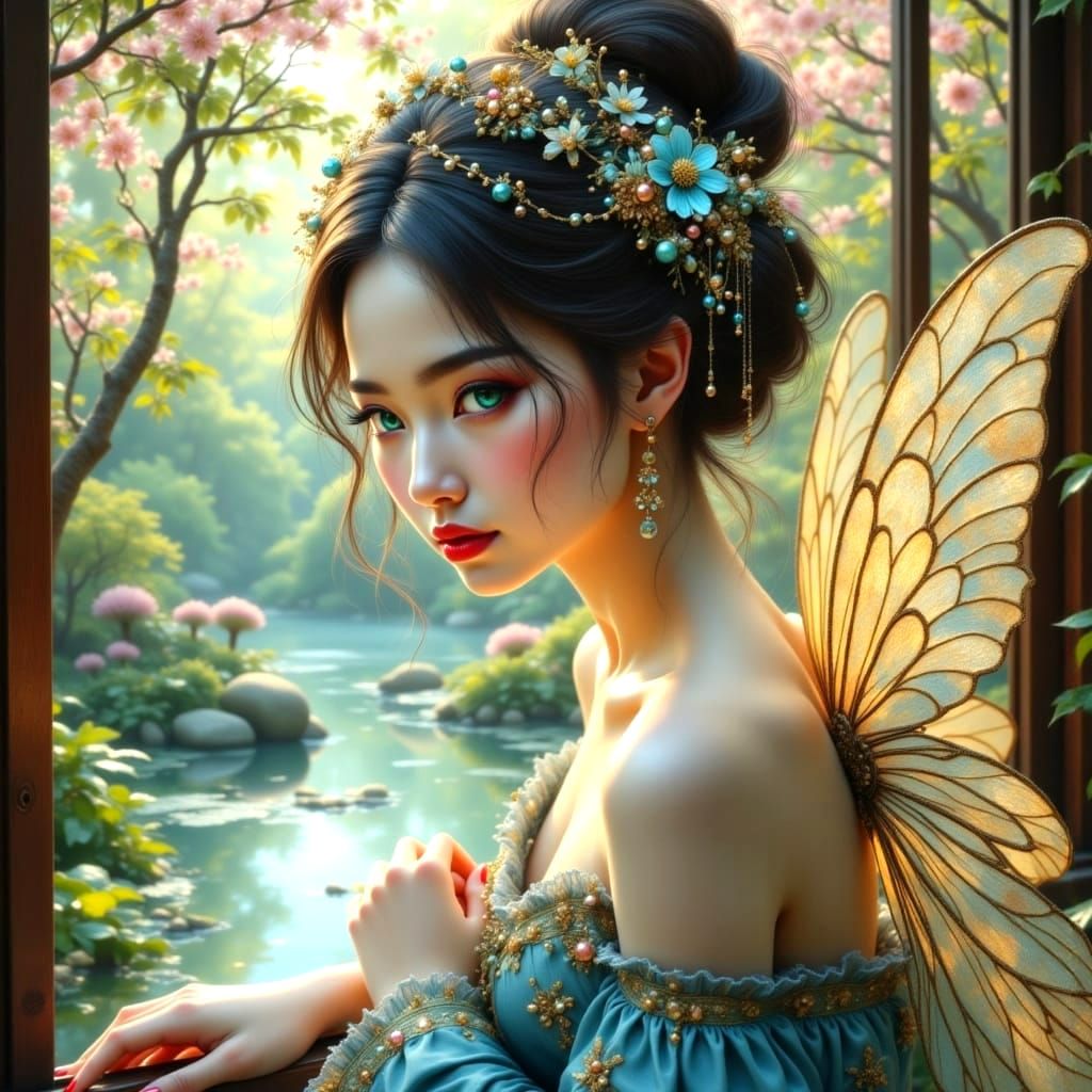 Serene Geisha in Japanese Temple Setting with Glorious Wings