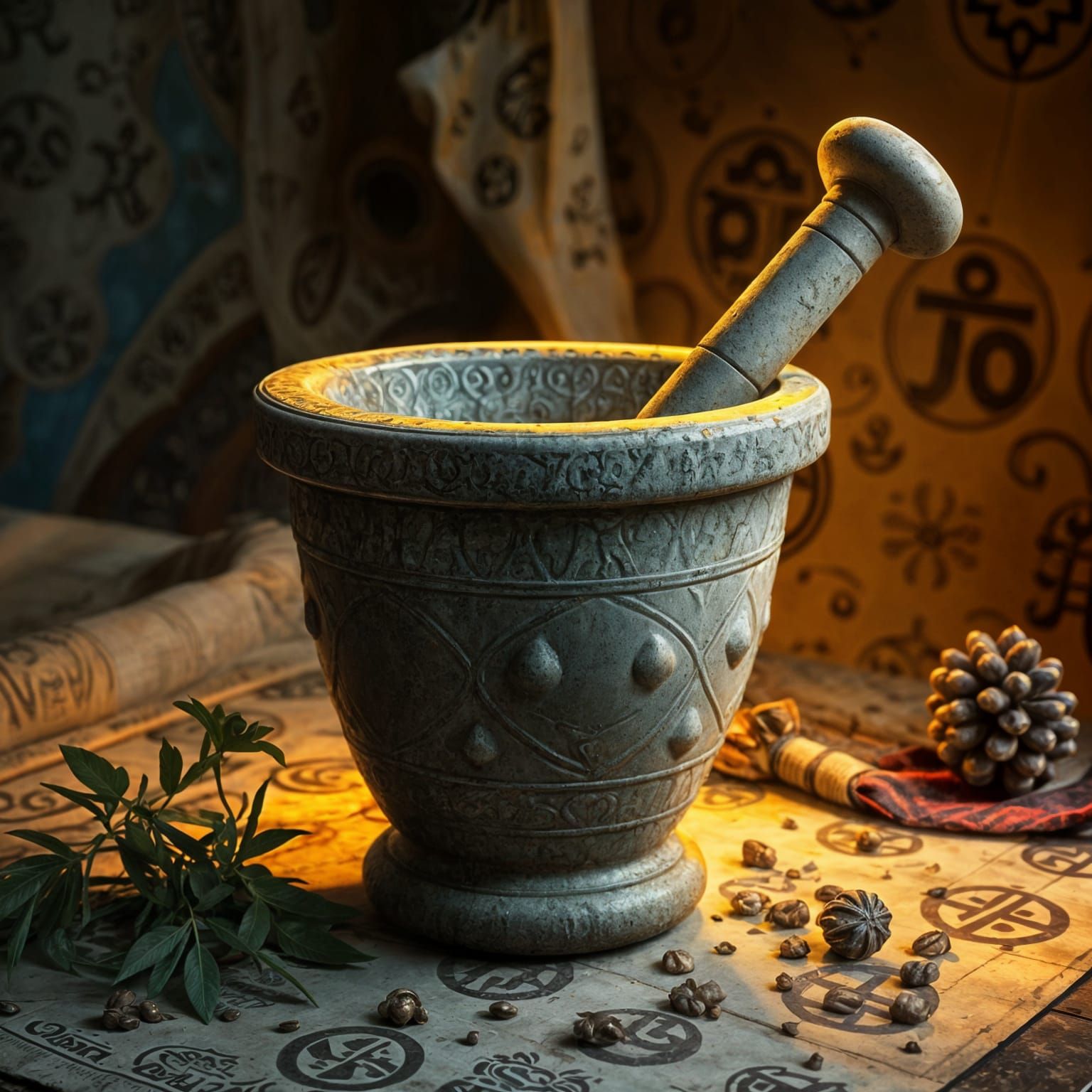 Medieval Mortar for Herbal Remedies in Vibrant Hyperrealisti...